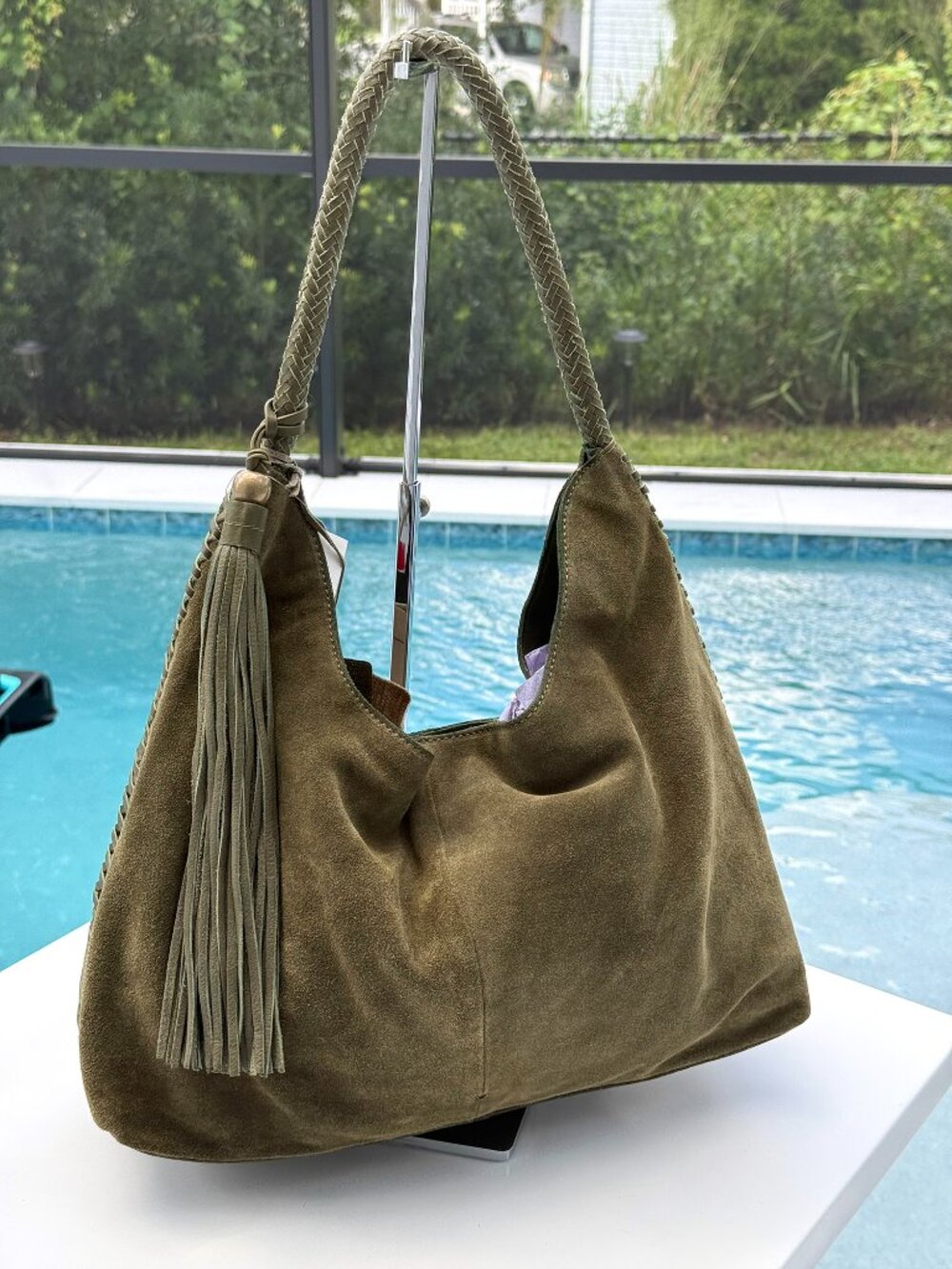 Vilenca Holland Suede Slouchy Hobo Shoulder Bag Green Boho Whipstitch Tassel NWT